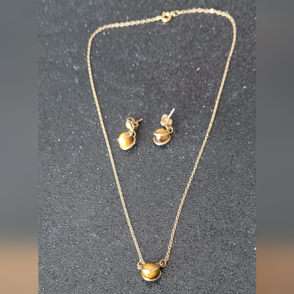 Tiger Eye Necklace and Earrings Set 12Gf
